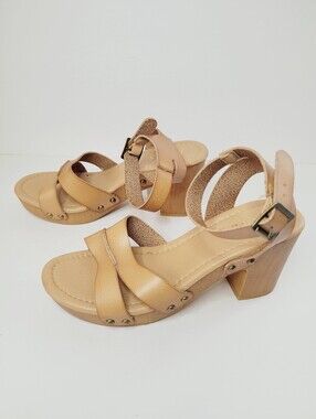 Dunes Sandra Chunky Block Heel Sandals Size 8 M Ankle Strap Tan  Women's Casual